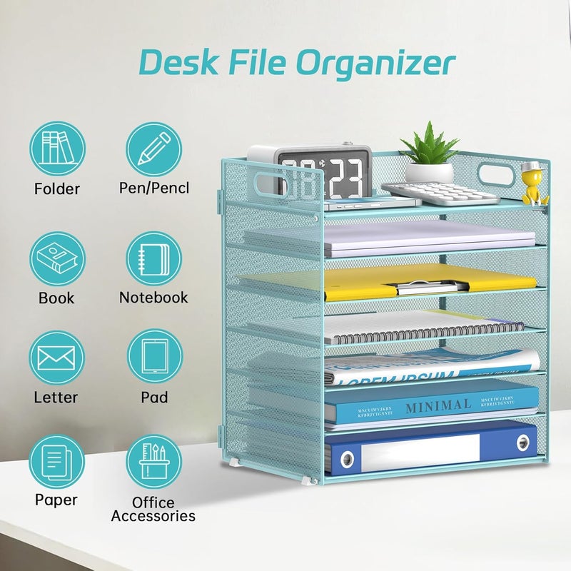 ReePlan 7 Tier Paper Organizer - Mesh Desktop File Holder with Handles for Office School Desk, Black (Blue) - Image 3